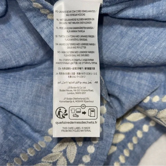 Boden Linen Blend Women’s Embroidered Top in Chambray Blue White size 12 - Picture 9 of 12